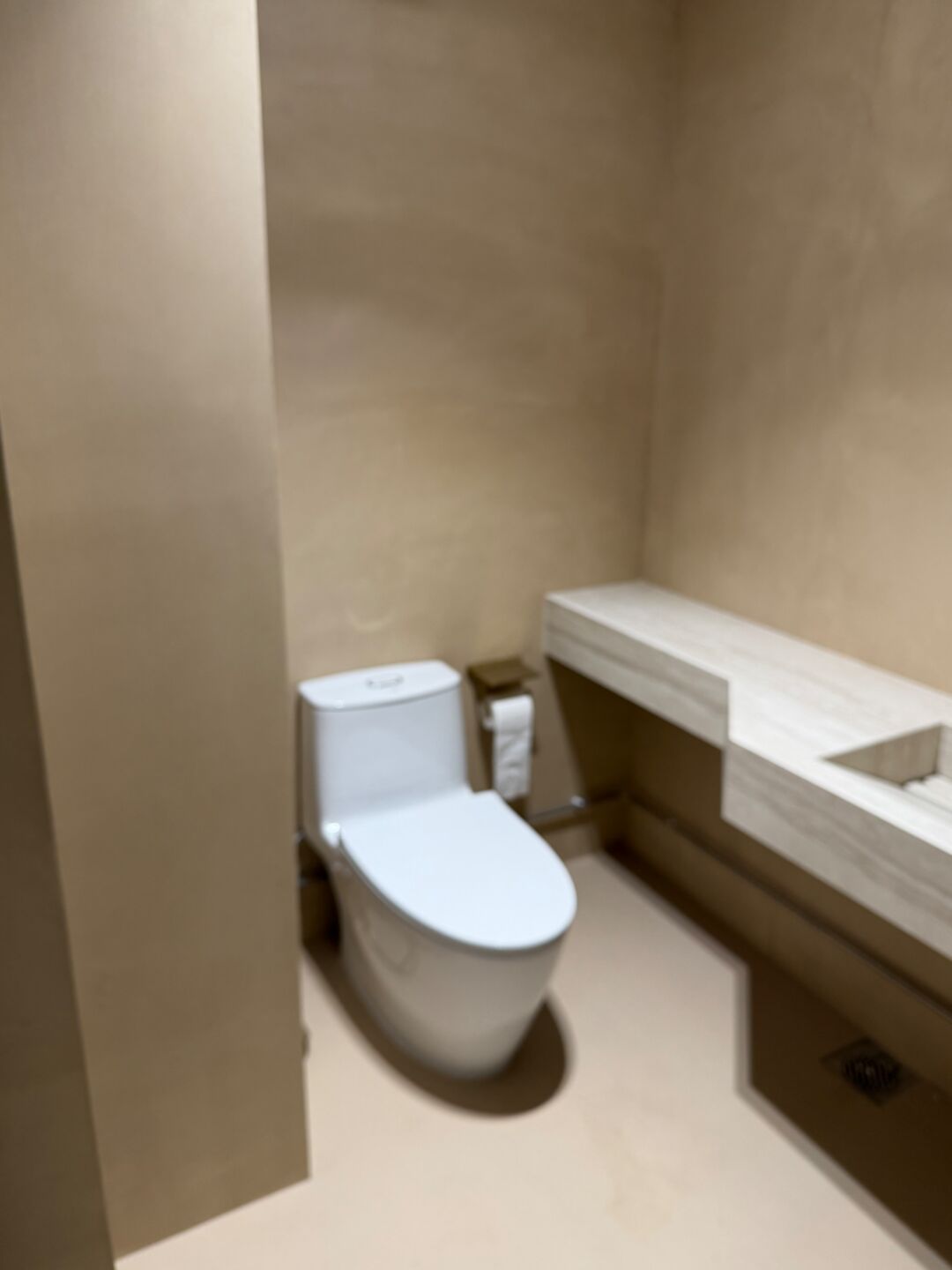 Microcement bathroom with a built-in vanity ledge and wall-hung toilet