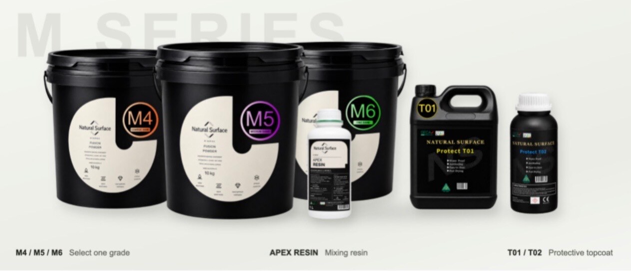 Natural Surface M Series: M4, M5 and M6 premixed powders, Apex Resin and T01 and T02 protective topcoats