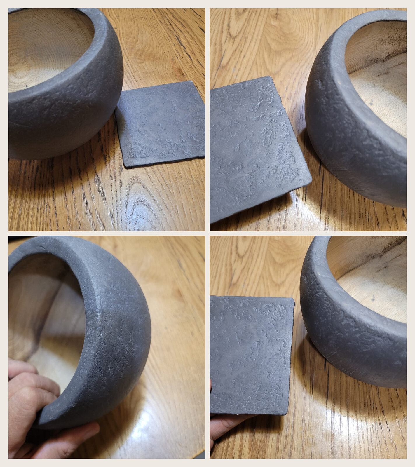 Round bowl and a square tile finished in textured dark grey microcement on a timber table